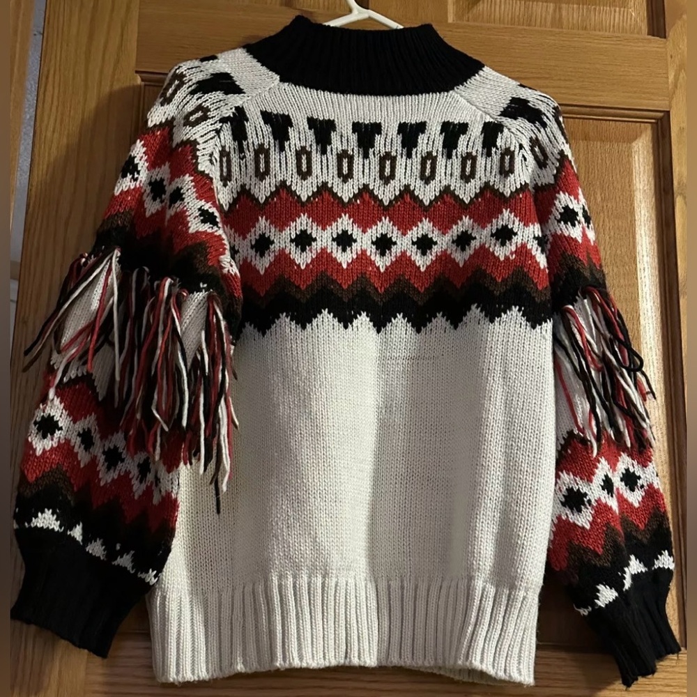 SHEIN Curve Plus Size Fair Isle Style Fringed Sleeve Mock Turtleneck Sweater